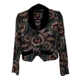 Vintage Paisley Cropped Blazer w/ Burgundy Velvet Collar/Buttons/Pockets
